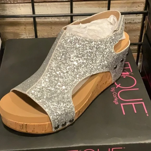 Corkys Carley Silver Tan Wedge Sandals with Glitter Finish - Picture 1 of 3